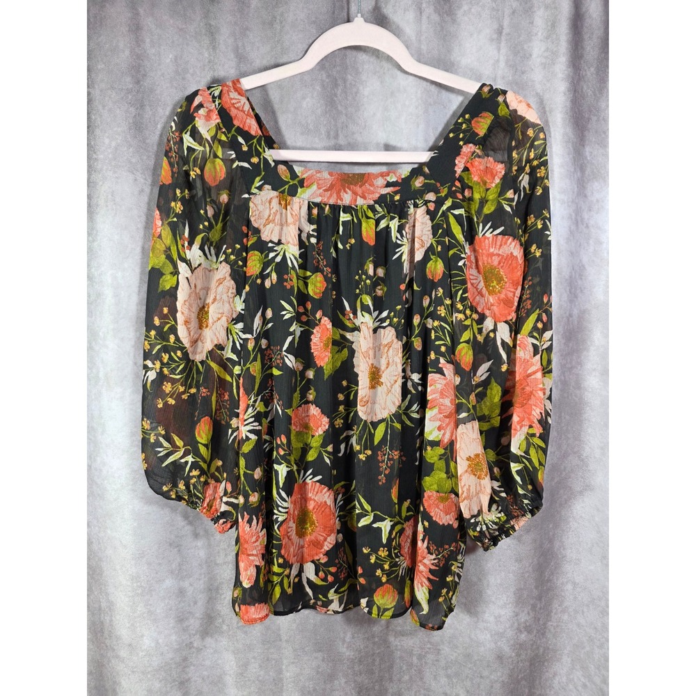 LC Lauren Conrad Floral Square Neck Blouse Black Orange‎ Green Medium